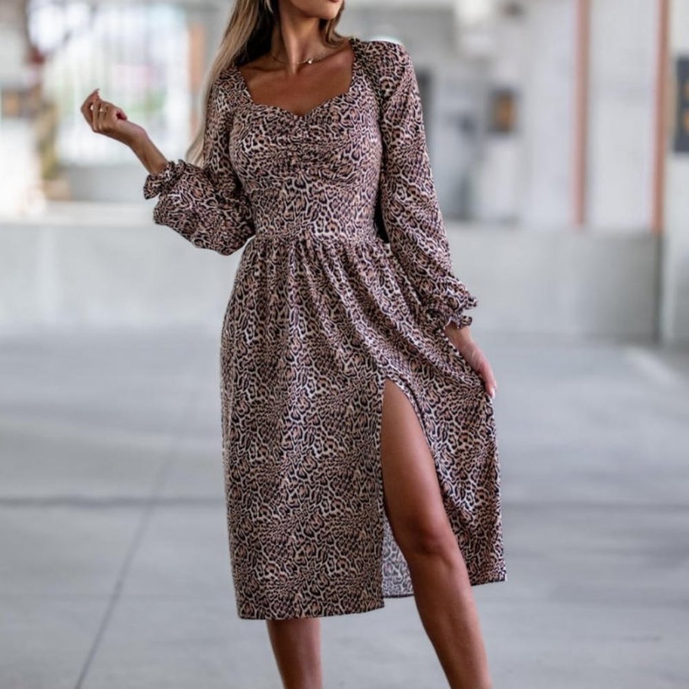 Parisian Leopard Lady Front Thigh Split Ruched Midi Dress Women XS to L